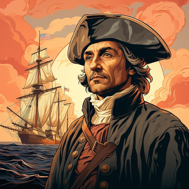 Obraz animowany Krzysztofa Kolumba z tłem amerykańskiej flagi