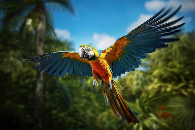 Obraz ary latającej w lesie Ptaki Dzika przyroda Zwierzęta Ilustracja generatywna AI