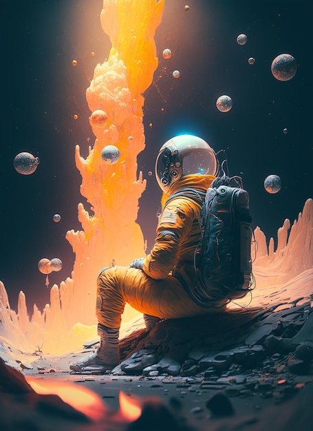 Obraz astronauty siedzącego na skale z dużą pomarańczową eksplozją w tle.