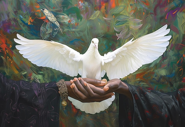 Zdjęcie obraz białego gołębia trzymanego przez osobę w czarnej szlafroku birdwatchers delight