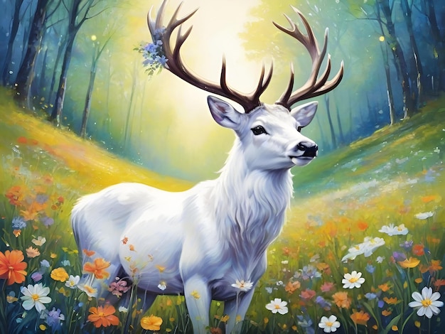 Obraz białego jelenia w lesie z kwiatami wokół niego