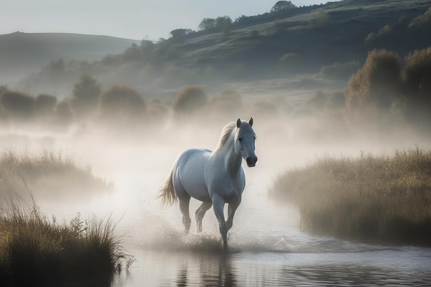 Obraz białego konia biegnącego po wodzie w mglisty poranek na naturalnym tle Ilustracja dzikich zwierząt Generative AI