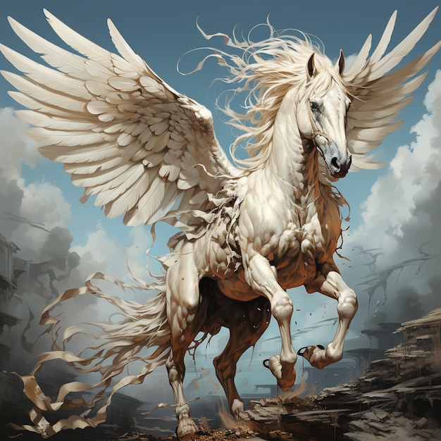 obraz białego konia z skrzydłami na skalistej ziemi generatywny ai