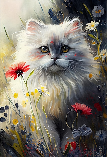 obraz białego kota na polu kwiatów generatywnej ai