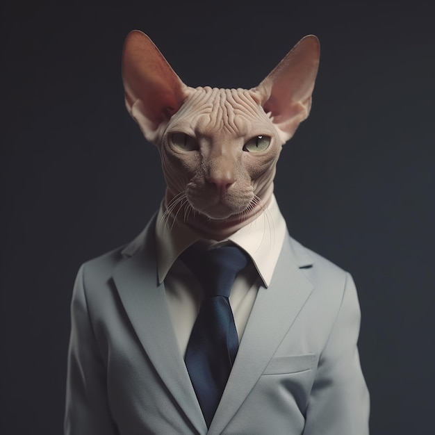 Zdjęcie obraz biznesmena z kotem sfinksem w garniturze na czystym tle zwierzęta domowe ilustracja generatywna ai
