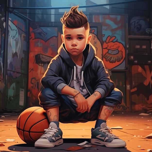 Obraz chłopca siedzącego na boisku do koszykówki z koszykówką generatywną ai