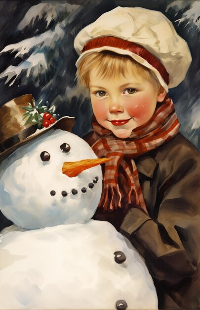 Zdjęcie obraz chłopca w kapeluszu i chustce obok śnieżnika generatywny ai