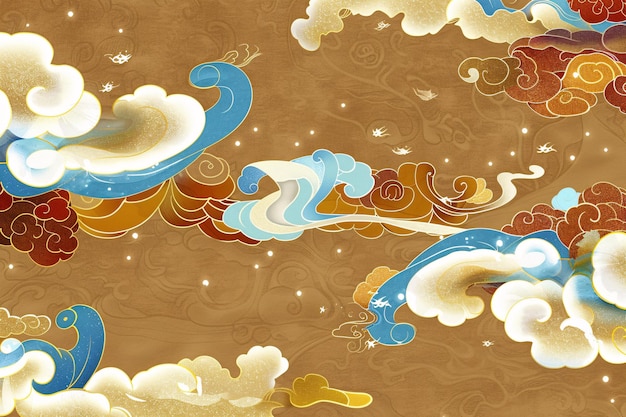 Obraz chmur i niebieskiego nieba z słowem 2 na nim w stylu chińskim Dunhuang latający beżowy ausp