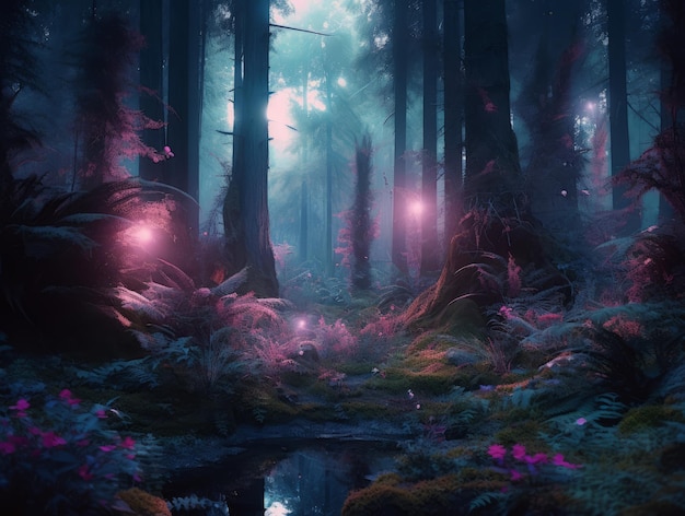 obraz ciemnego lasu z różowymi światłami