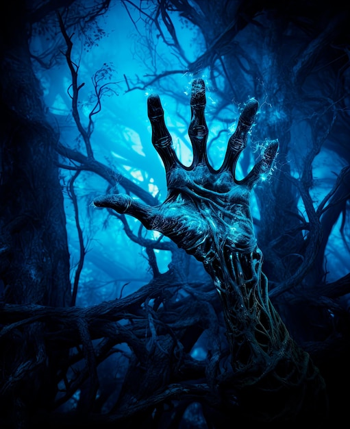 Zdjęcie obraz ciemnego, ponurego lasu z upiorną ręką sięgającą ku ciemnemu niebu