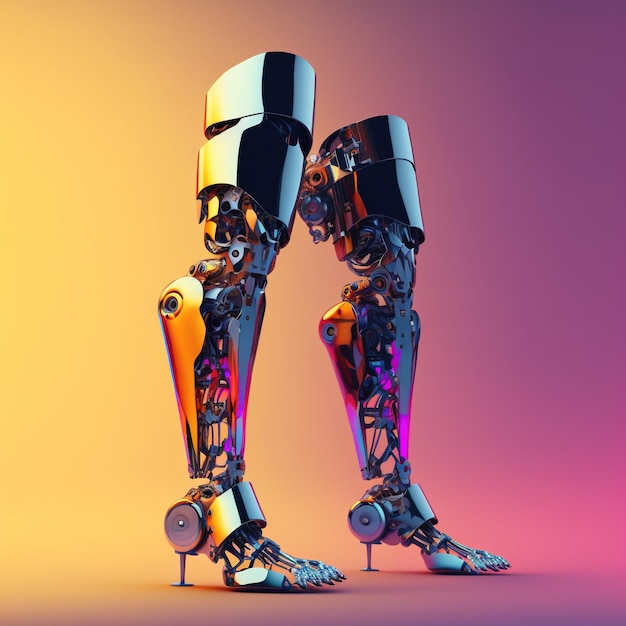 Obraz cyberprotezy nóg na pomarańczowym tle stworzony przy użyciu technologii generatywnej AI