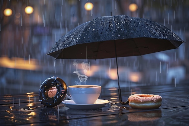 Obraz cyfrowy 3D parasol nad kawą i pączkiem