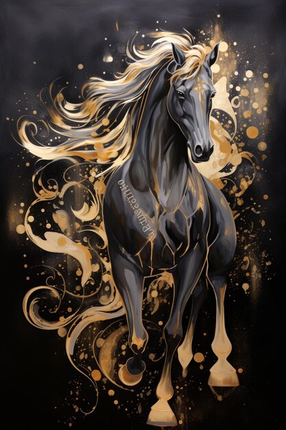 obraz czarnego konia ze złotą farbą i czarnym tłem generatywny ai