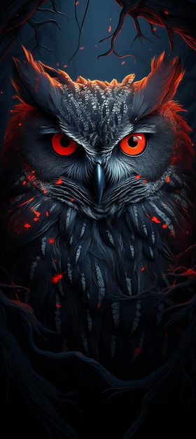 Obraz czarnej sowy z czerwonymi oczami i generatywną ai gałęzi drzewa