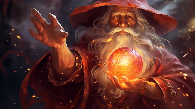 Obraz czarownika trzymającego kulę ognia.