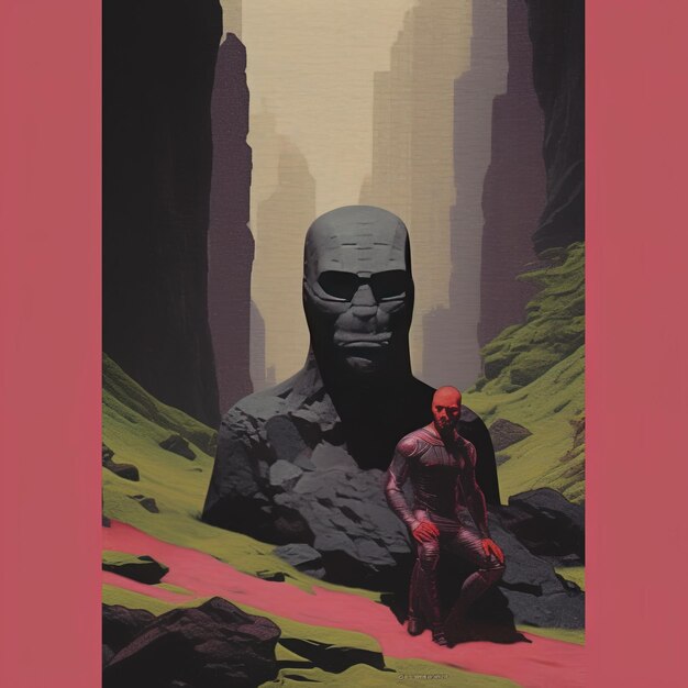 obraz czaszki i człowieka siedzącego na górze z czerwonym tłem