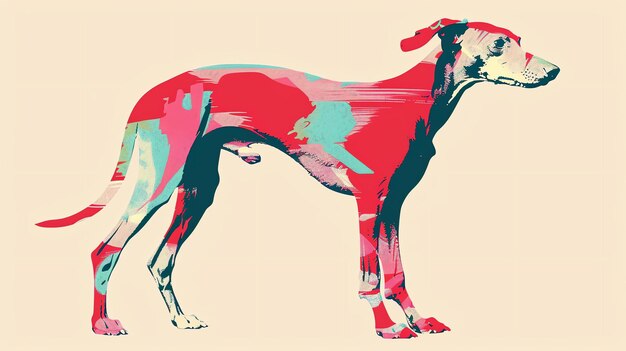 Obraz czerwonego i białego psa Pies stoi i wygląda jak greyhound Tło jest jasnego beżowego koloru