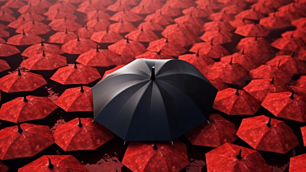 obraz czerwonego parasola pomiędzy czarnymi parasolami
