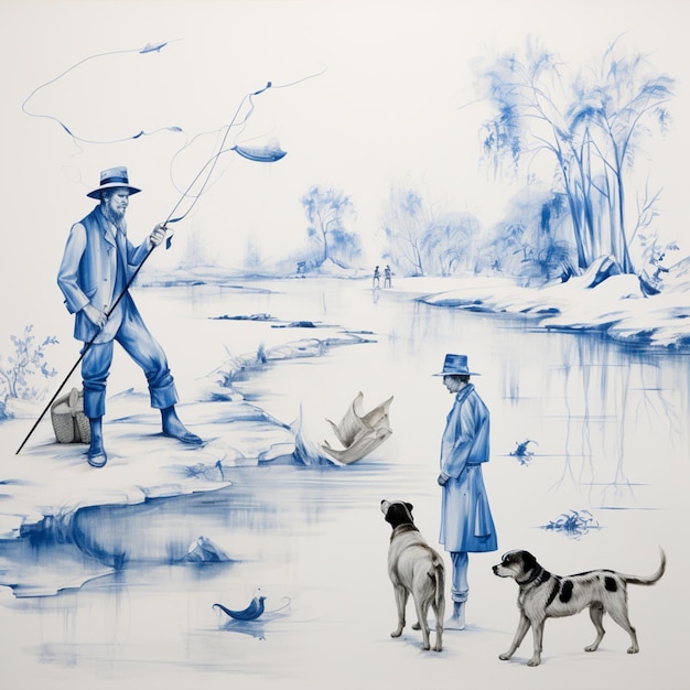 Obraz człowieka i psa łowiących ryby w rzece generatywny ai