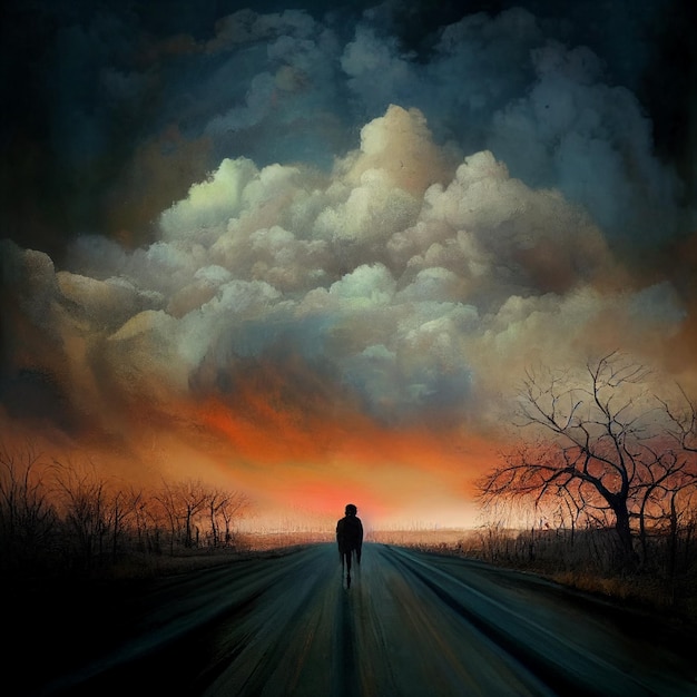 obraz człowieka idącego po drodze z chmurnym niebem generatywny ai