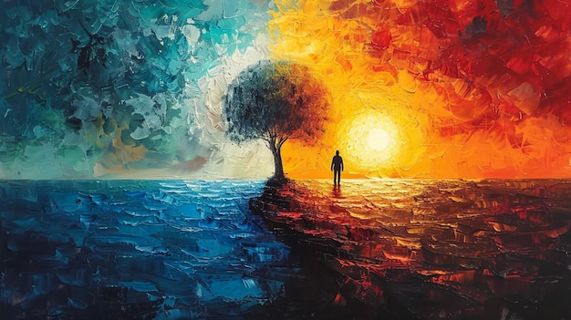 obraz człowieka idącego po morzu z zachodem słońca na tle