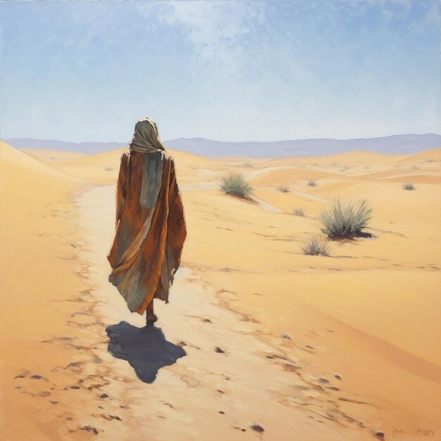 Obraz człowieka idącego po pustyni z kocem generatywnym ai