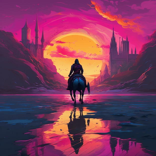 Obraz człowieka jeżdżącego na koniu w zachodzie słońca.