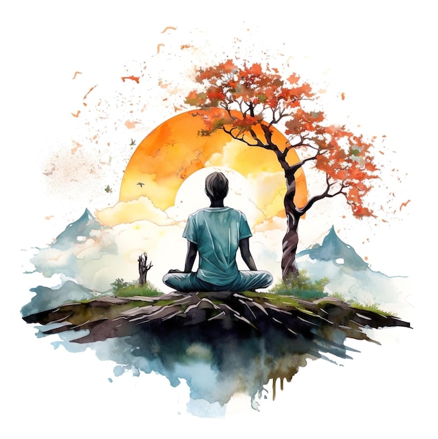Obraz człowieka medytującego z widokiem na górę z drzewem i słońcem za nim