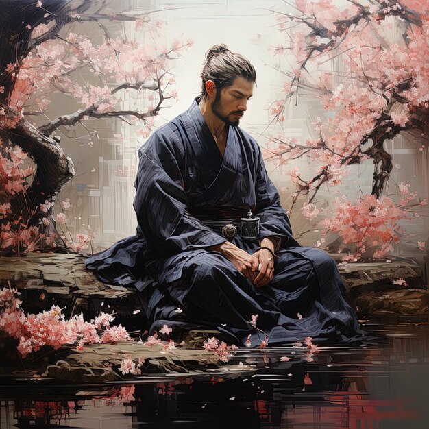 obraz człowieka siedzącego przed drzewem kwitnącym wiśni