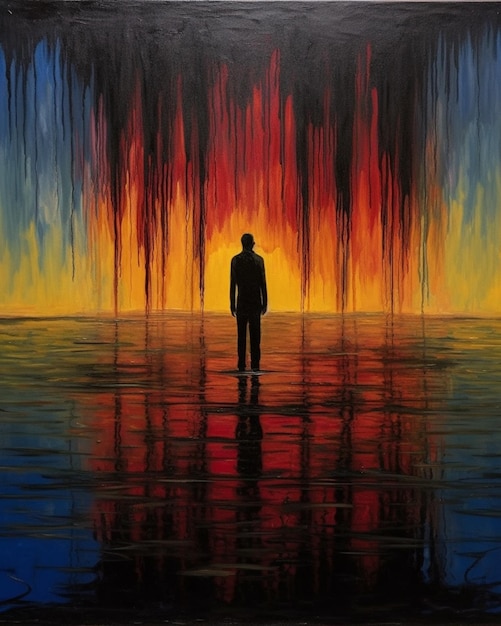 obraz człowieka stojącego przed kolorowym zachodem słońca generatywny ai