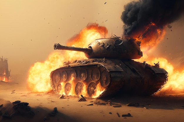 Obraz czołgu w ogniu na pustyni Generative AI
