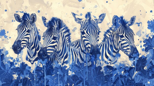 Obraz czterech zebr z niebieskimi akcentami
