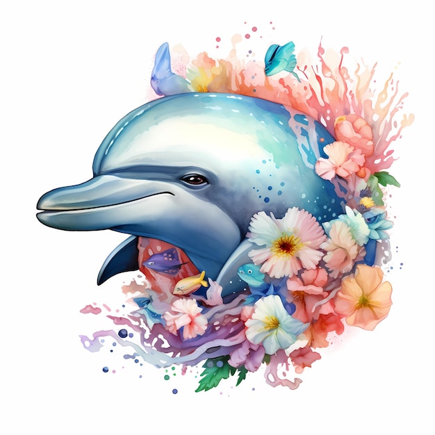 obraz delfina z kwiatami i delfinem w tle