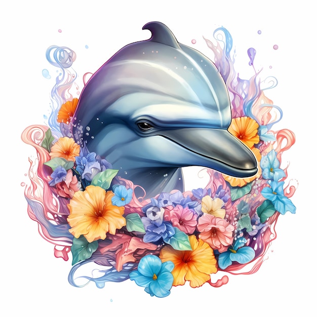 obraz delfina z kwiatami i delfinem w tle