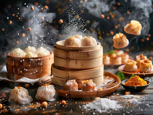 Obraz Dim Sum Pyszne fotografii dim sum wybuch smaków studia oświetlenie studia tło dobrze oświetlone żywe kolory ostre skupienie wysokiej jakości artystyczne unikalne