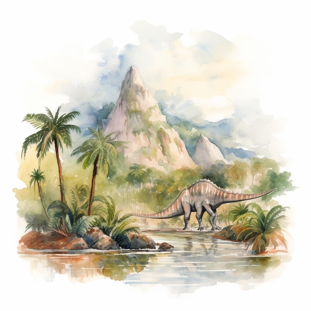obraz dinozaura spacerującego po rzece z palmami