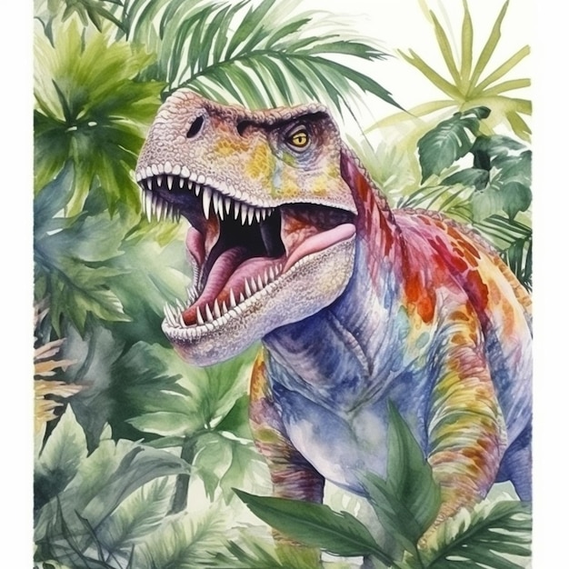 Obraz dinozaura z otwartymi ustami w dżungli