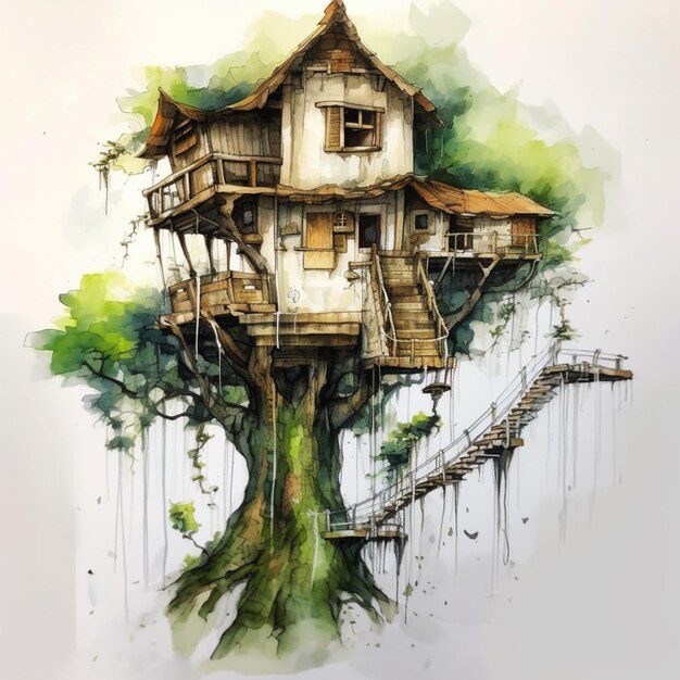Obraz domu na drzewie ze schodami prowadzącymi do drugiego piętra
