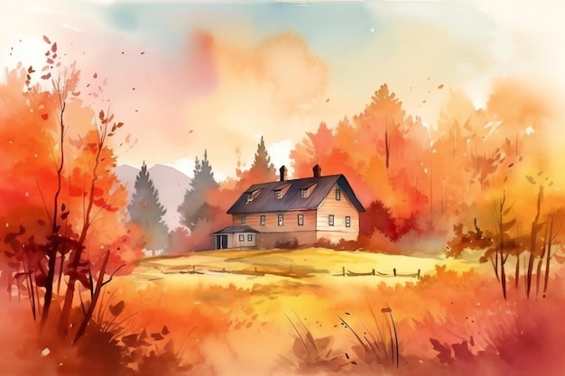 Obraz domu na polu jesiennych drzew