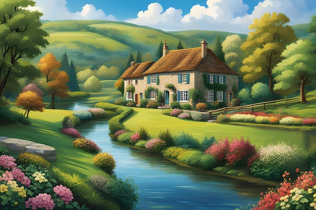 obraz domu nad rzeką z rzeką i drzewami