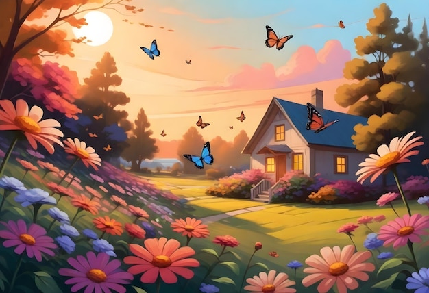 Obraz domu z motylami i domem w tle