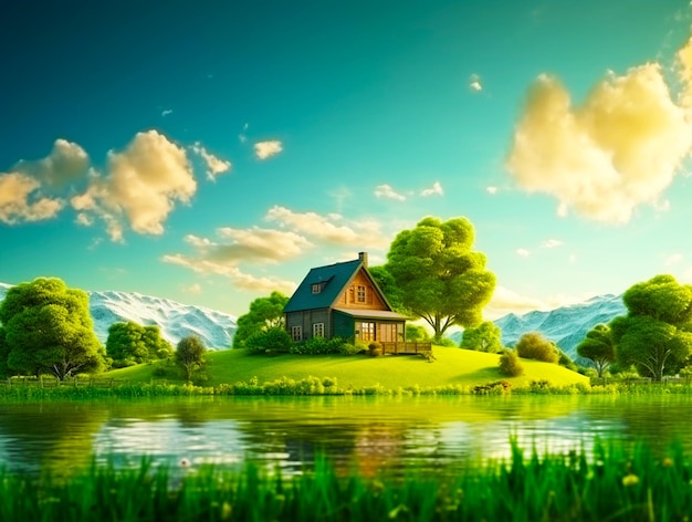 obraz domu z niebieskim dachem i jeziorem na tle