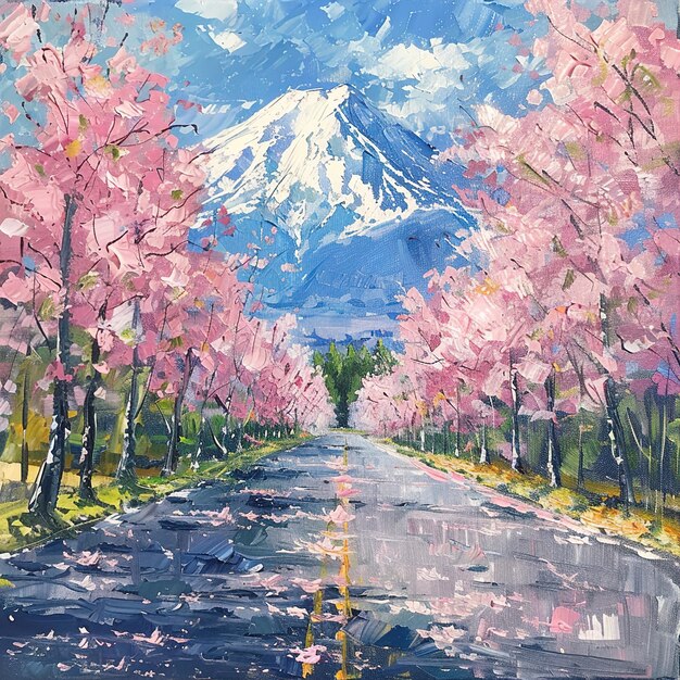 Zdjęcie obraz drogi z drzewem z różowymi kwiatami na nim