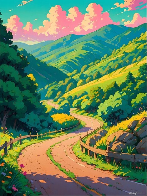 obraz drogi z płotem i drogą z górami na tle