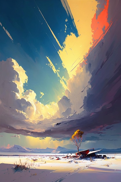 Obraz drzewa i łodzi pod niebem
