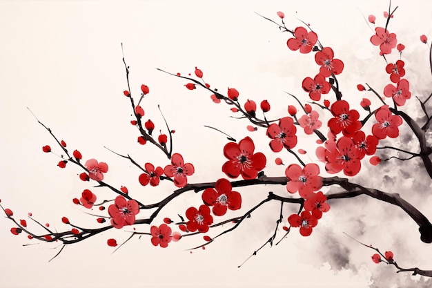 obraz drzewa wiśni z czerwonymi kwiatami