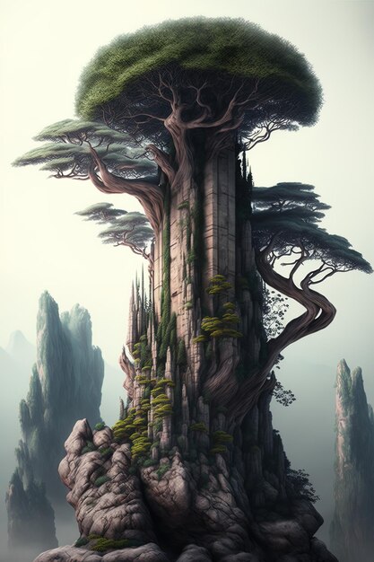 obraz drzewa z mechem na szczycie