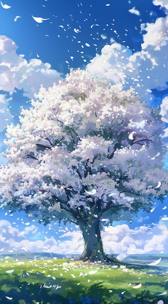 obraz drzewa z niebieskim niebem i chmurami na tle