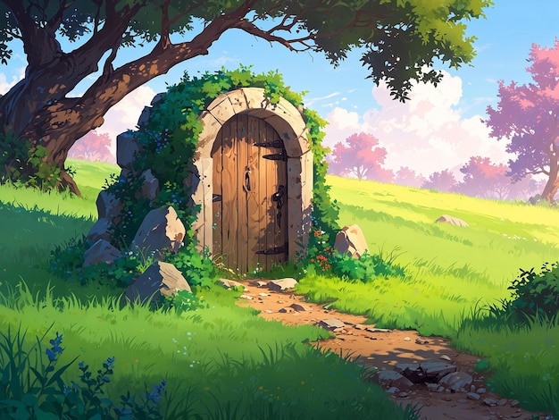 Zdjęcie obraz drzwi na polu z drzewem na tle