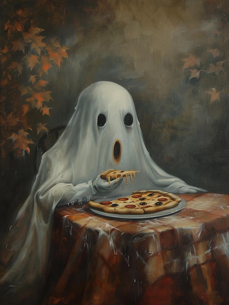 Obraz ducha jedzącego pizzę na stole z twarzą ducha generatywny ai